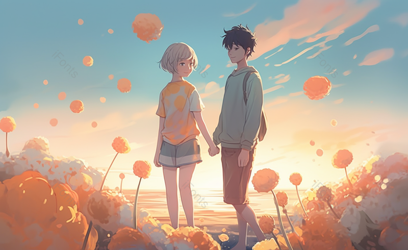 海边花丛中情侣牵手约会520情人节手绘场景,插画/手绘图,插画/手绘图库,插画/手绘图下载,插画/手绘